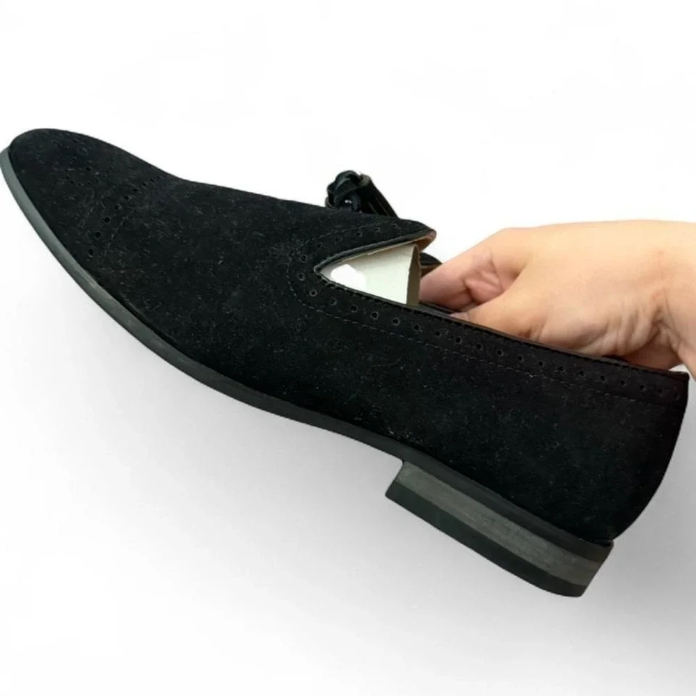 JITAI Mens Black Suede Tassel Loafers Wingtip Brogue Dress Shoes Size 8